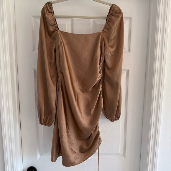EMORY PARK Bronze Brown Satin Slinky Cinch Side Mini Dress Long Sleeve S - Picture 10 of 10